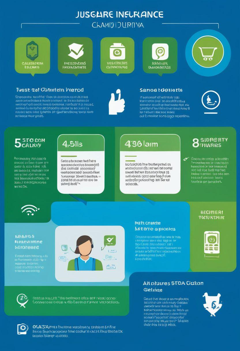 A visually striking infographic illustrating the journey from quotes to claims, featuring user-friendly digital platforms, smiling customers engaging with insurance apps on their devices, highlighted icons of quotes transforming into claims, and a supportive customer service representative in the background. The color palette should be calming blues and greens, symbolizing trust. vector art. vibrant colors.