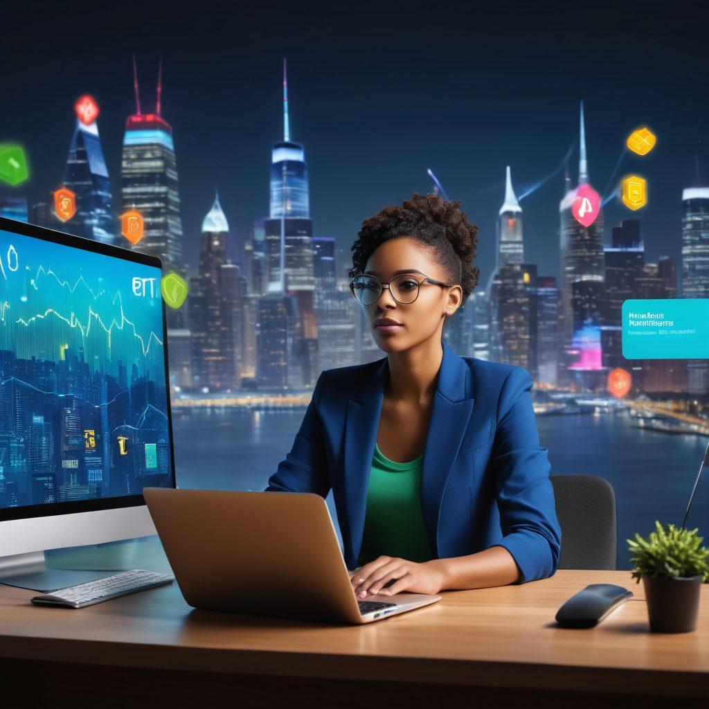 A confident young adult browsing an online insurance platform on a laptop, surrounded by symbols of financial security like shields and dollar signs. The background features a digital landscape with a glowing city skyline representing technology and trust. Bright colors emphasize optimism and safety. overlay text highlights 'Maximizing Financial Protection'. super-realistic. vibrant colors. technology-themed.