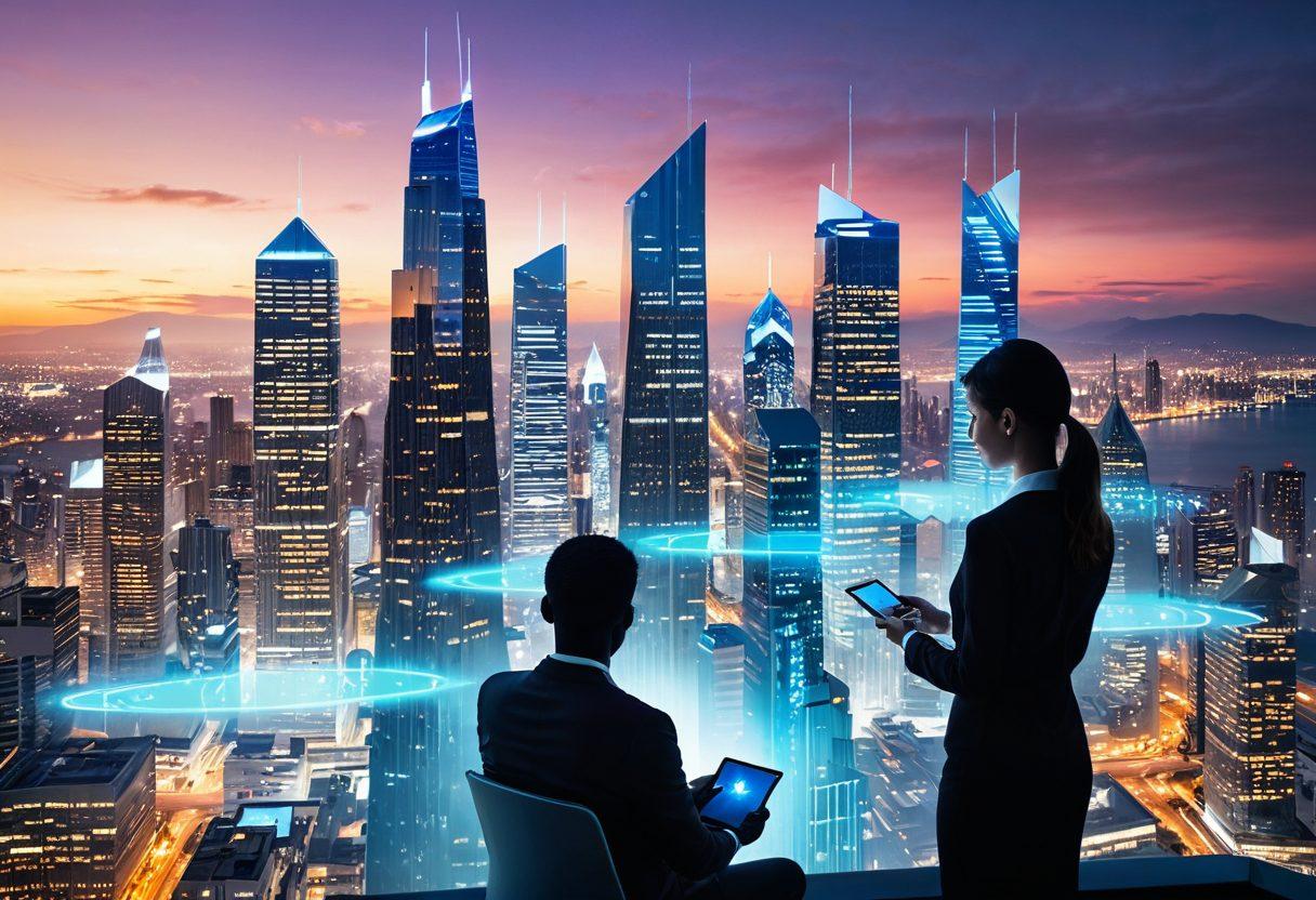 A futuristic urban landscape showcasing advanced digital insurance solutions, with diverse people using tablets and holographic interfaces for seamless coverage experiences. Include visual elements like insurance icons floating in the air, a bright skyline reflecting innovation, and a friendly consultant assisting a family. Soft, welcoming colors and a blend of technology with everyday life. super-realistic. vibrant colors. white background.